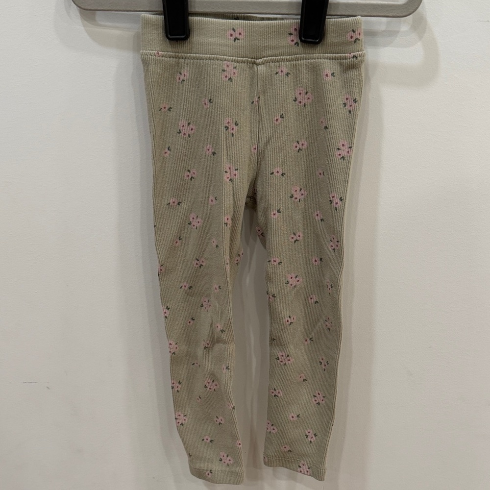 Zara Kids Beige Ribbed Leggings with Pink Floral Pattern